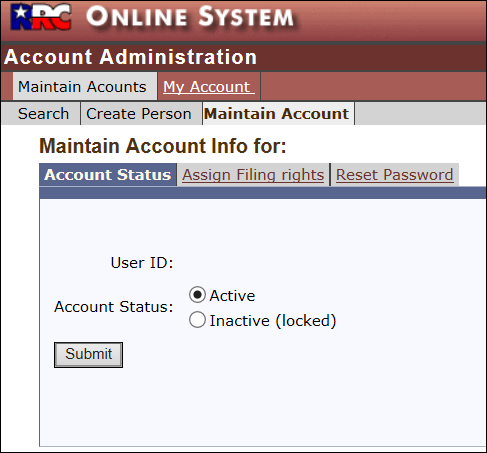 Account Status screen